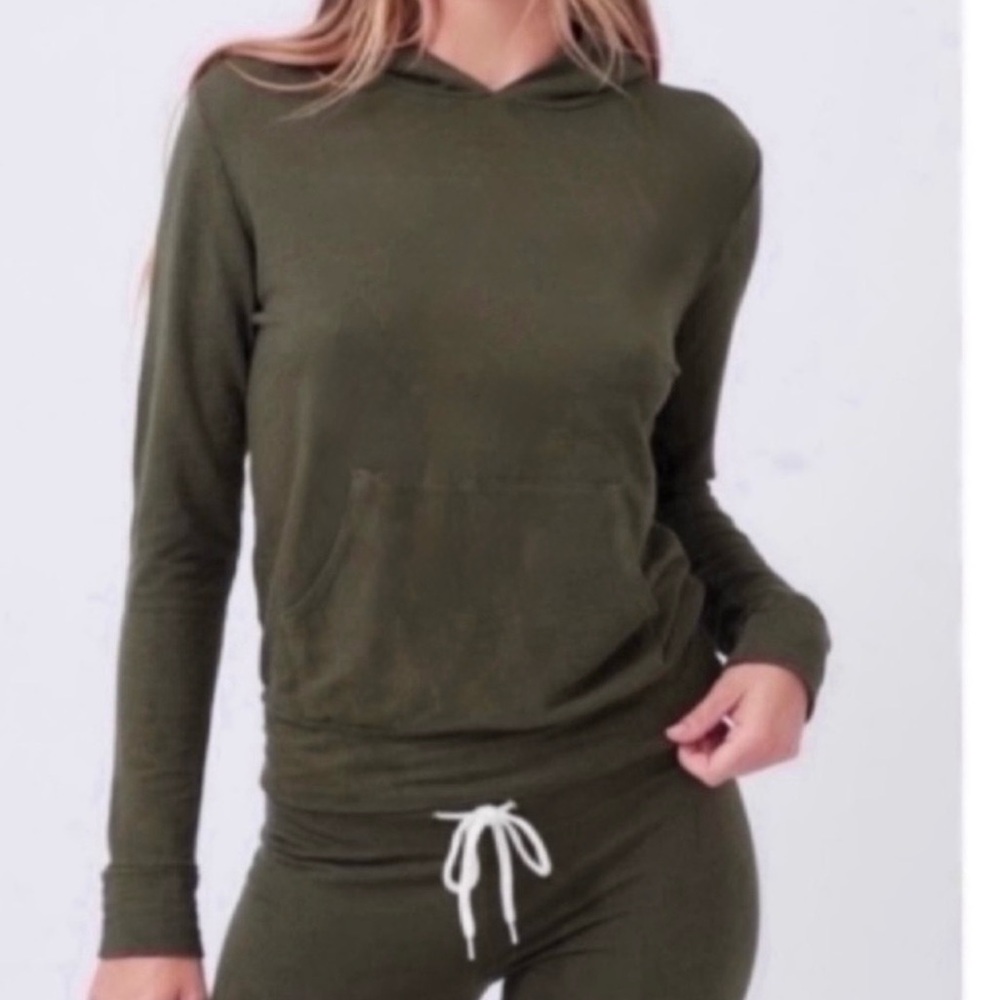 Monrow SUPERSOFT pullover hoodie vintage green Large sweatshirt